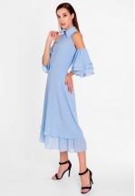 Коктейльное голубое платье миди